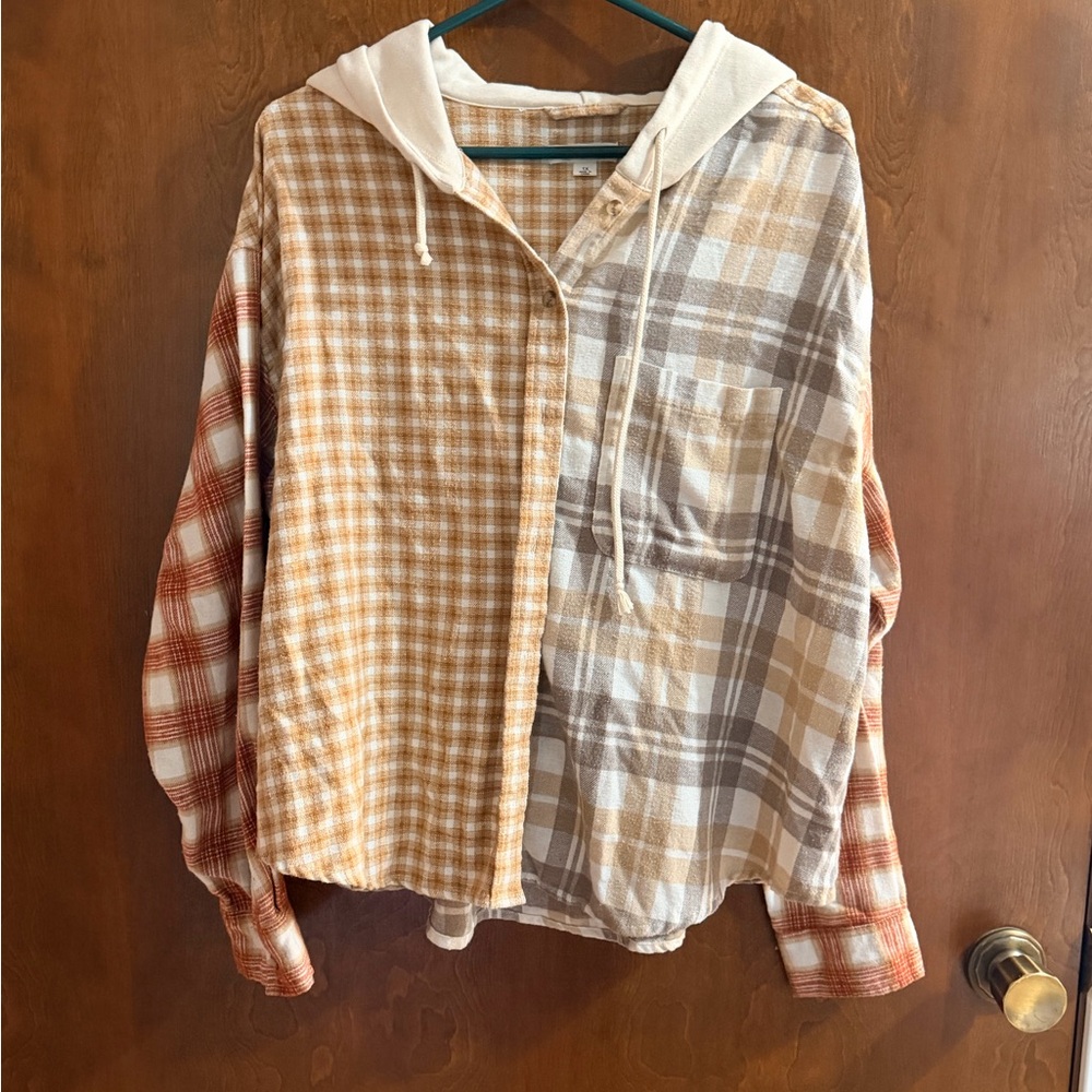 Ultra Flirt Plaid Hooded Flannel Shirt Jacket - Cream, Tan & Rust